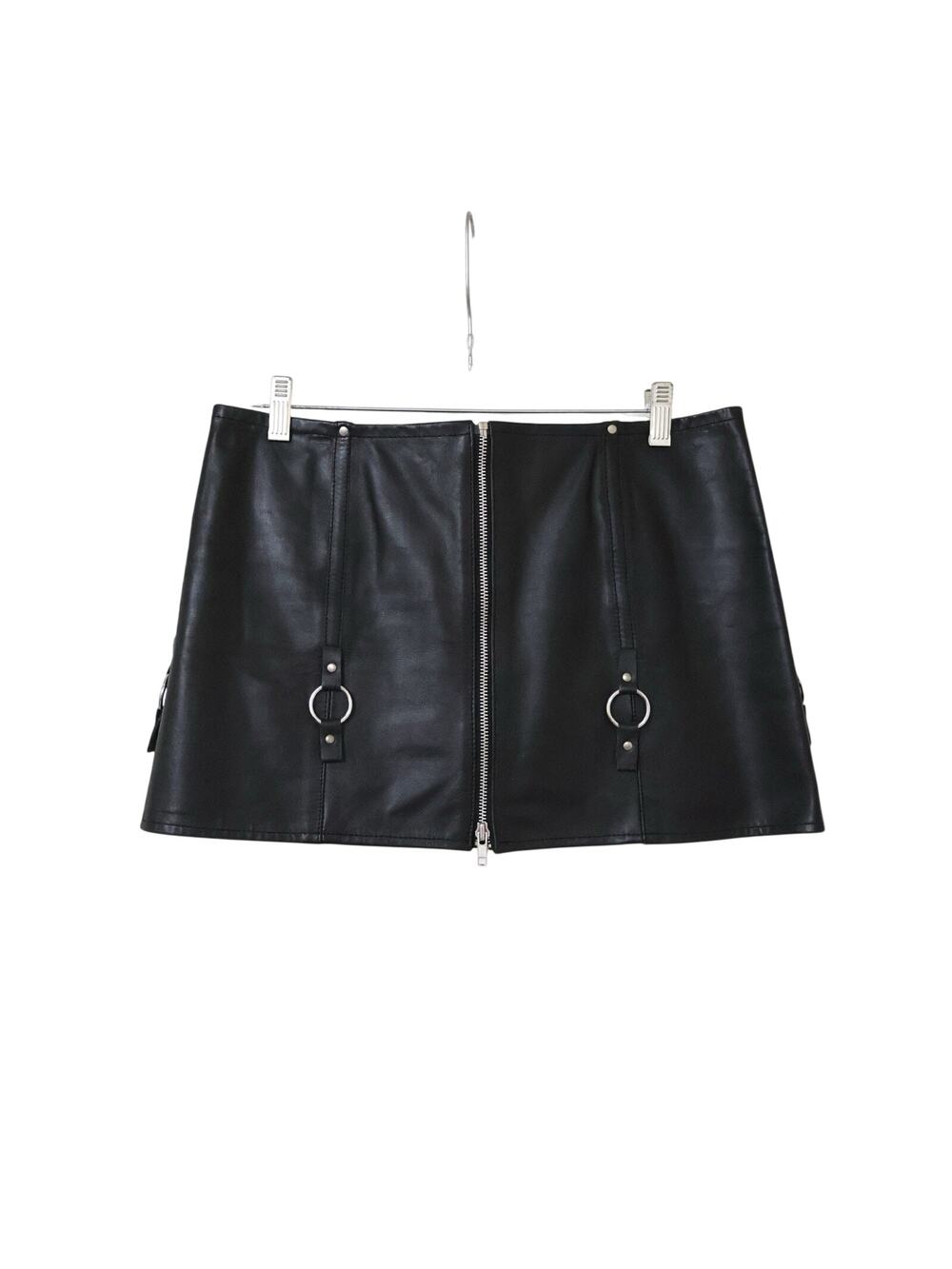Vintage Kookie Genuine Leather Black Garter Mini Skirt L Moto Biker Goth Sexy